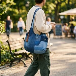 拼布牛仔單肩包(Hobo Bag)