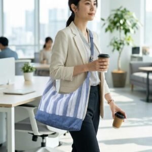 【清新日系風】藍白條紋丹寧拼接單肩包 / 側背包